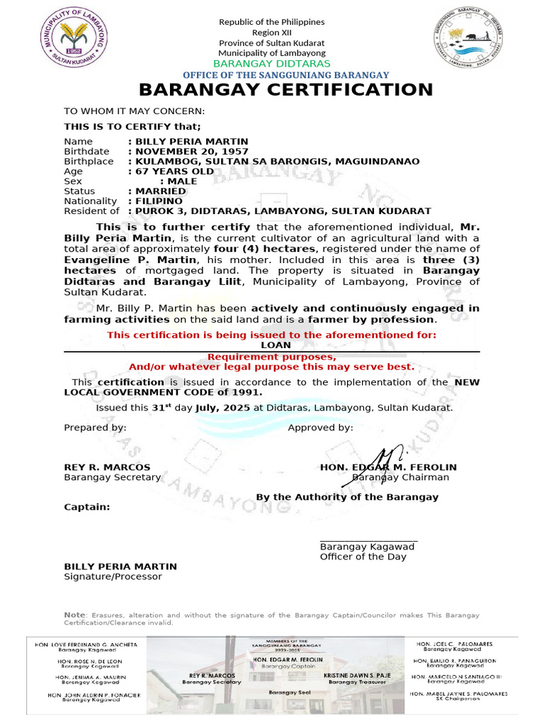 Barangay Cert - Barc Billy Peria Martin | PDF | Agriculture