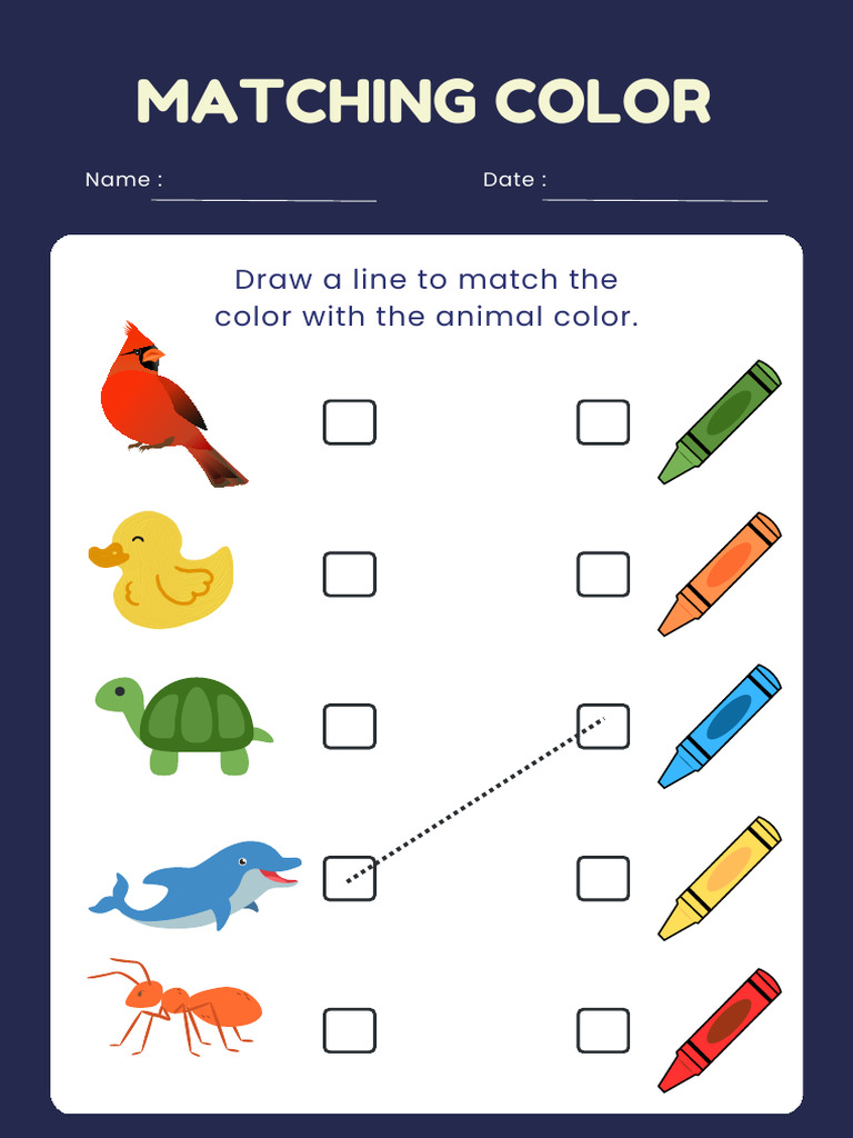 Colorful Simple Illustration Playful Animal Matching Color Worksheet ...