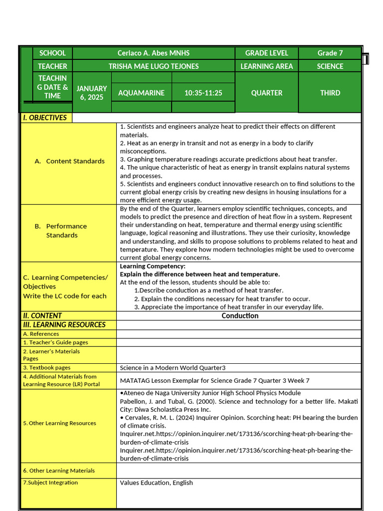 Grade 7 Science: Heat Transfer Lesson | PDF | Heat | Thermal Conduction