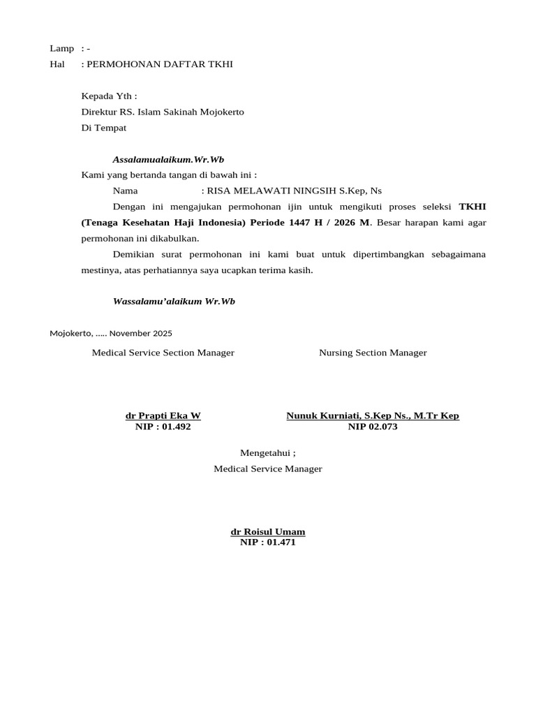Surat Ijin Instansi TKHI RSI Sakinah RISA | PDF