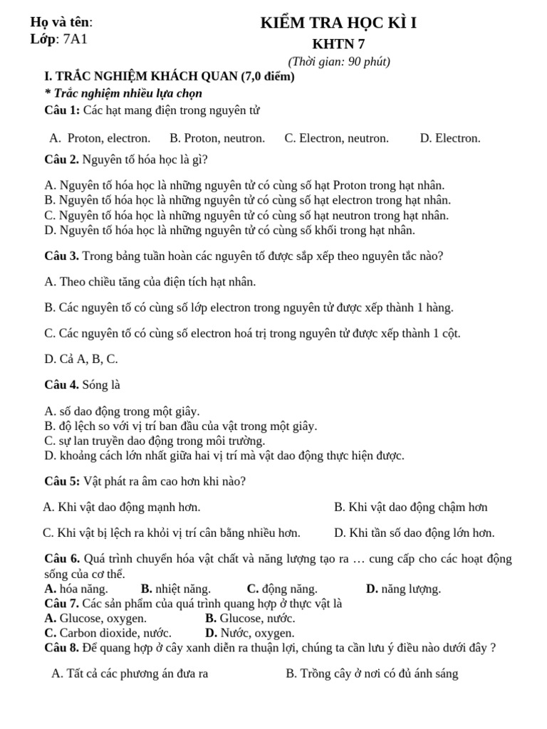 Đề Kt Học Kì 1 Khtn 7a1 | PDF