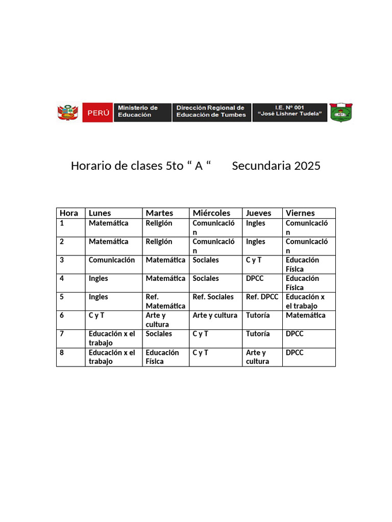 Horario de Clases 5to A Secundaria 2025 | PDF