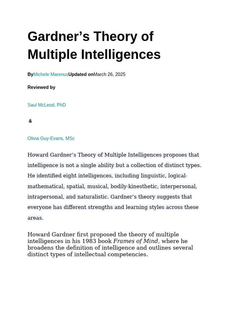 Understanding Multiple Intelligences Theory | PDF | Intelligence ...