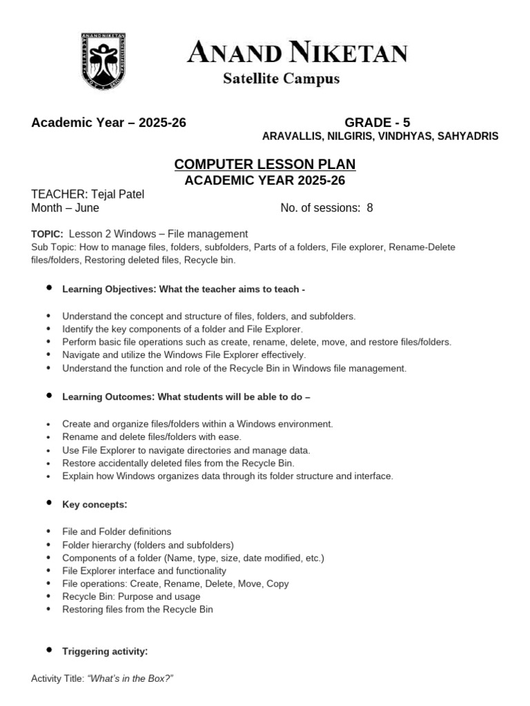 Grade 5 Computer Lesson Plan: File Management | PDF | Computer File ...