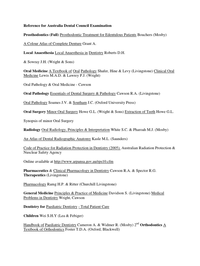 Reference for Australia Dental Council Examination Dentistry
