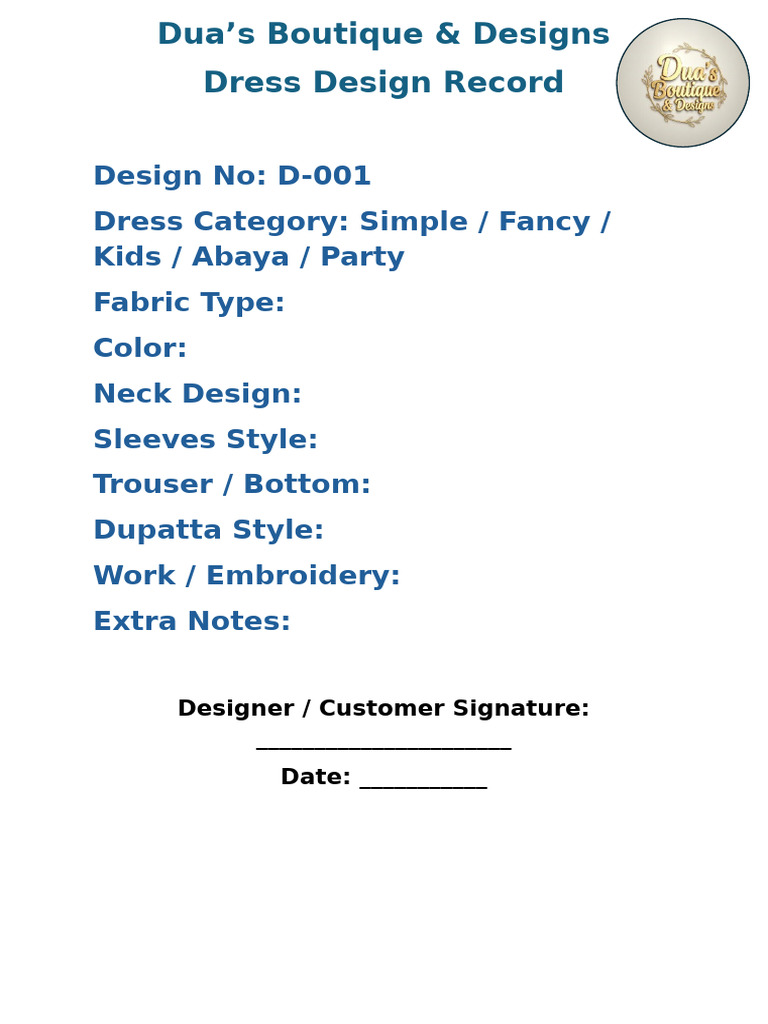 Dress Design Record Template | PDF