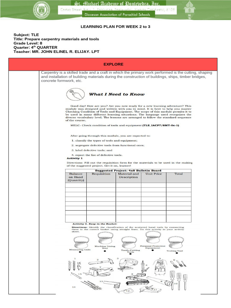 Carpentry Tools Preparation Plan | PDF