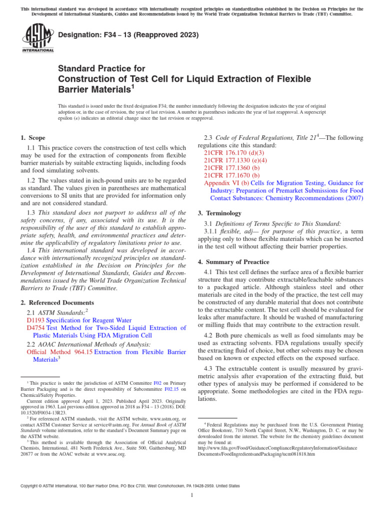 F 34 - 13 (2023) | PDF | Plastic | Food And Drug Administration