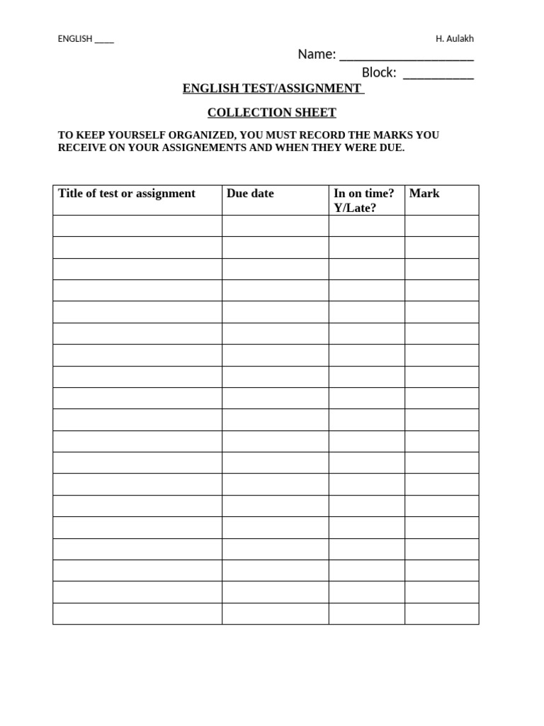 Assignment Collection Sheet | PDF