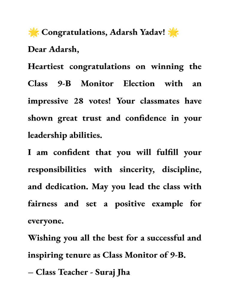 Adarsh Yadav Wins Class 9-B Monitor Election | PDF