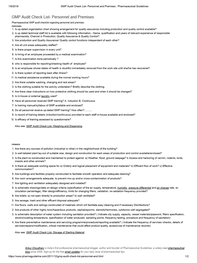 GMP Audit Checklist for Personnel & Premises | PDF | Sanitation | Water