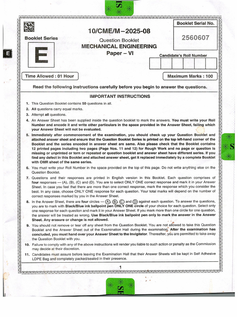 Mechanical Engineering Paper VI | PDF