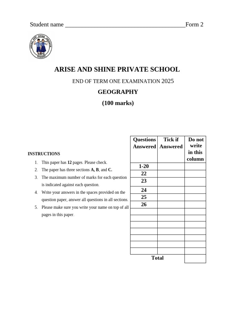 Geography Exam Paper for Form 2 Students | PDF | Map | Planets