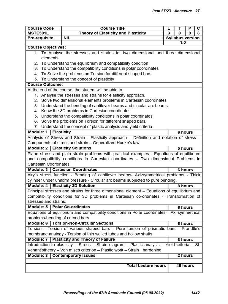 Elasticity and Plasticity Course Syllabus | PDF | Stress (Mechanics ...