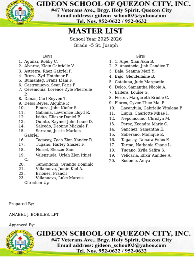 Master List Grade 5 ST Joseph | PDF