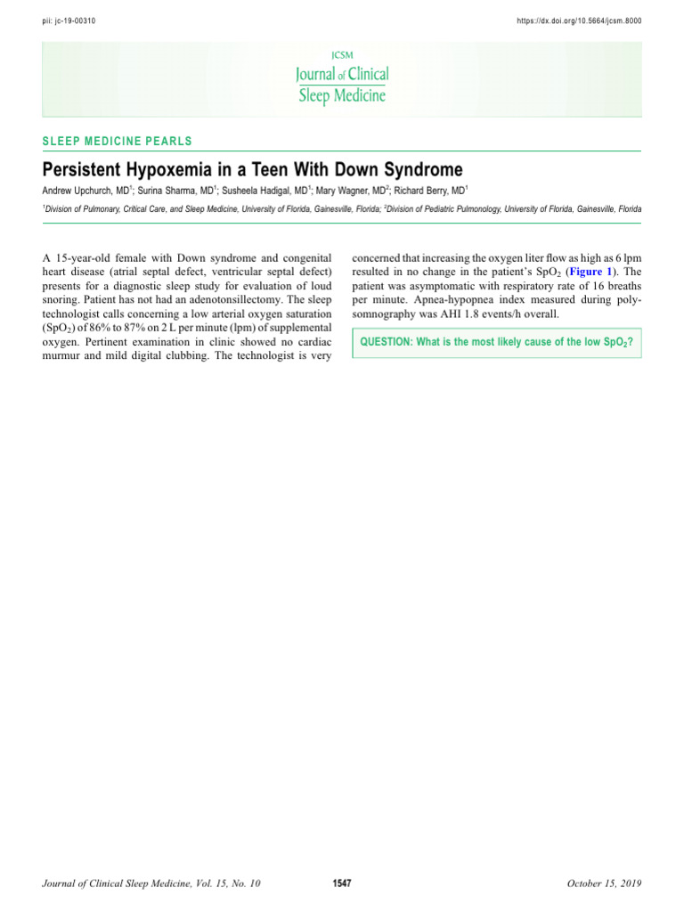 Upchurch Et Al 2019 Persistent Hypoxemia in a Teen With Down Syndrome ...