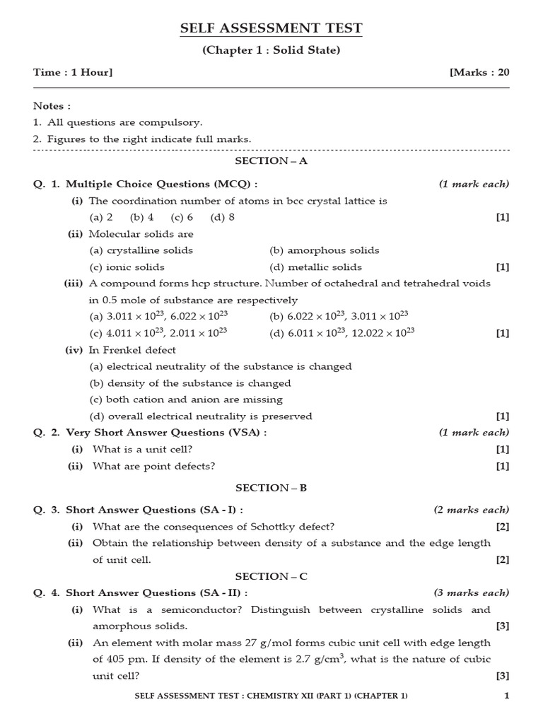 Self Assessment Test: (Chapter 1 Solid State) | PDF | Crystal Structure ...