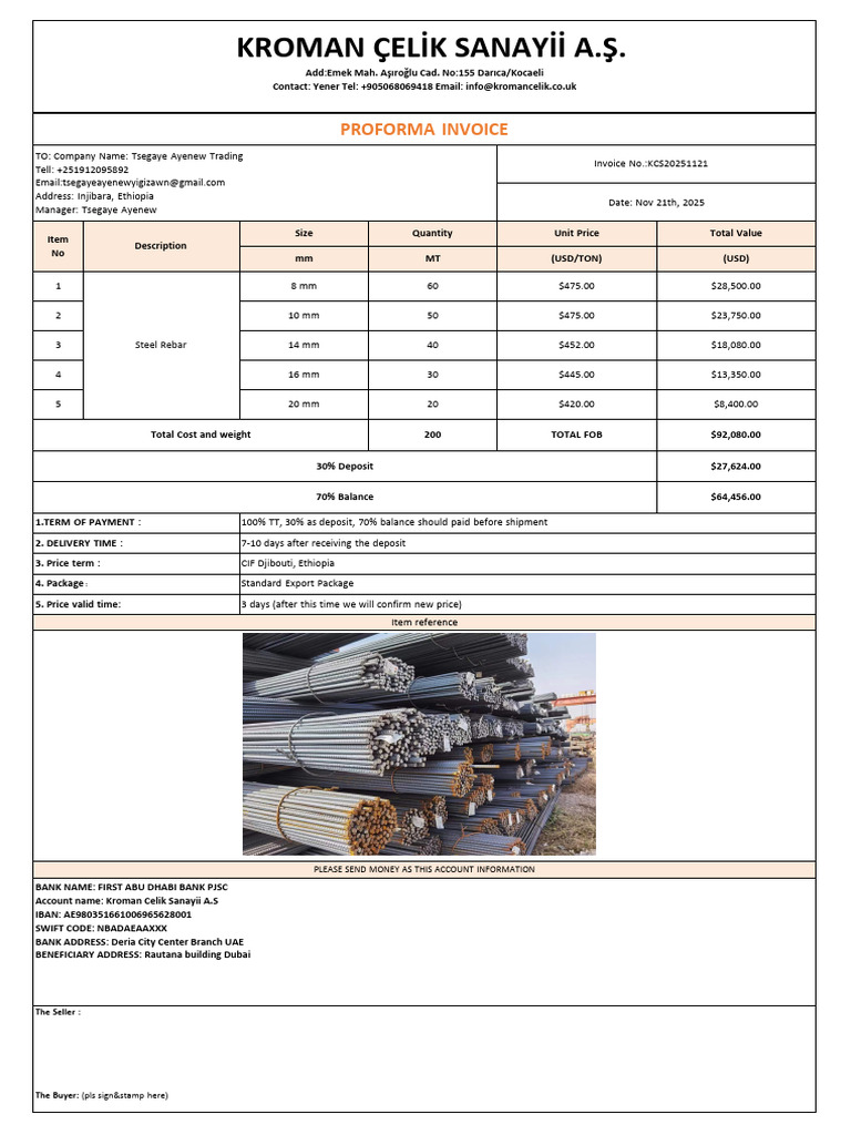 Ethiopia Quotation for Steel Rebar - Steel 20251121 | PDF | Business