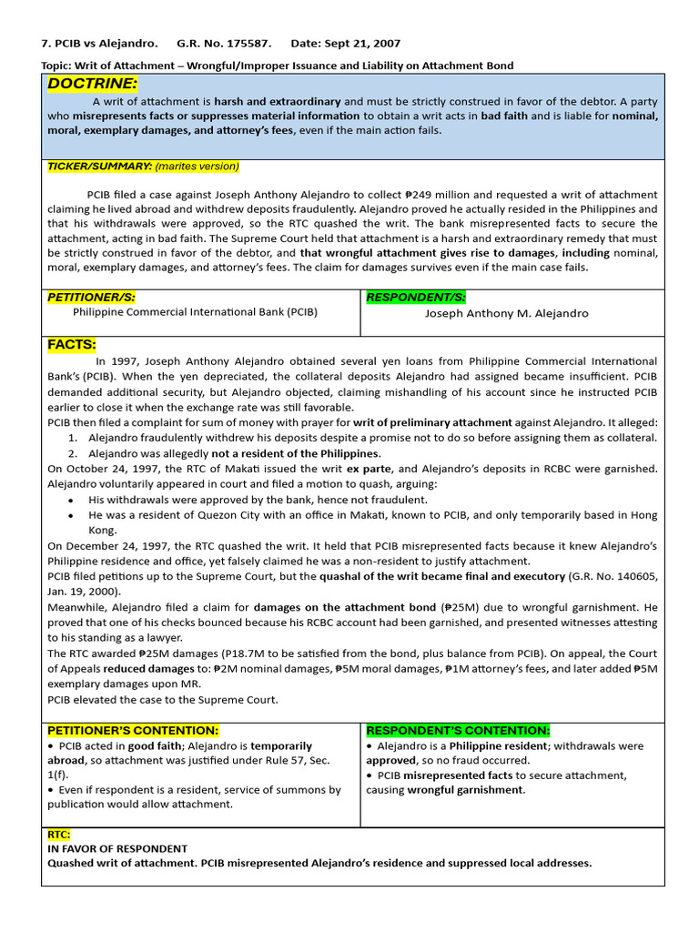 PCIB vs Alejandro: Wrongful Attachment Ruling | PDF | Complaint | Lawsuit