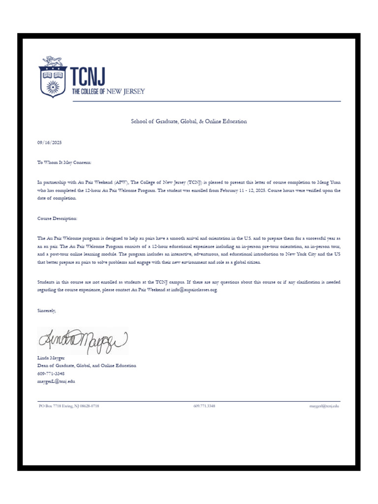 Au Pair Welcome Program Completion Letter | PDF