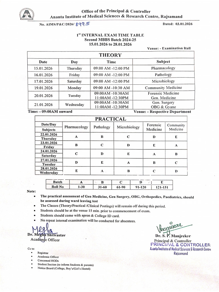 8995 First Internal Exam Time Table 2nd Mbbs Batch 2024 | PDF