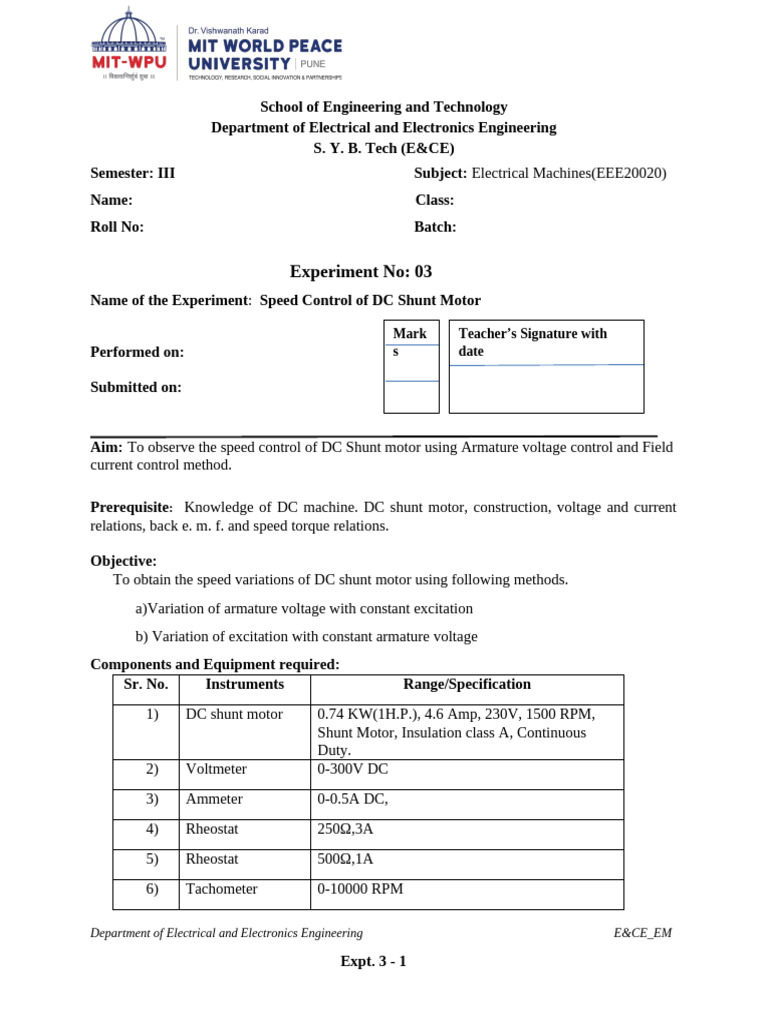 Speed Control of DC Shunt Motor Experiment | PDF | Electric Motor ...