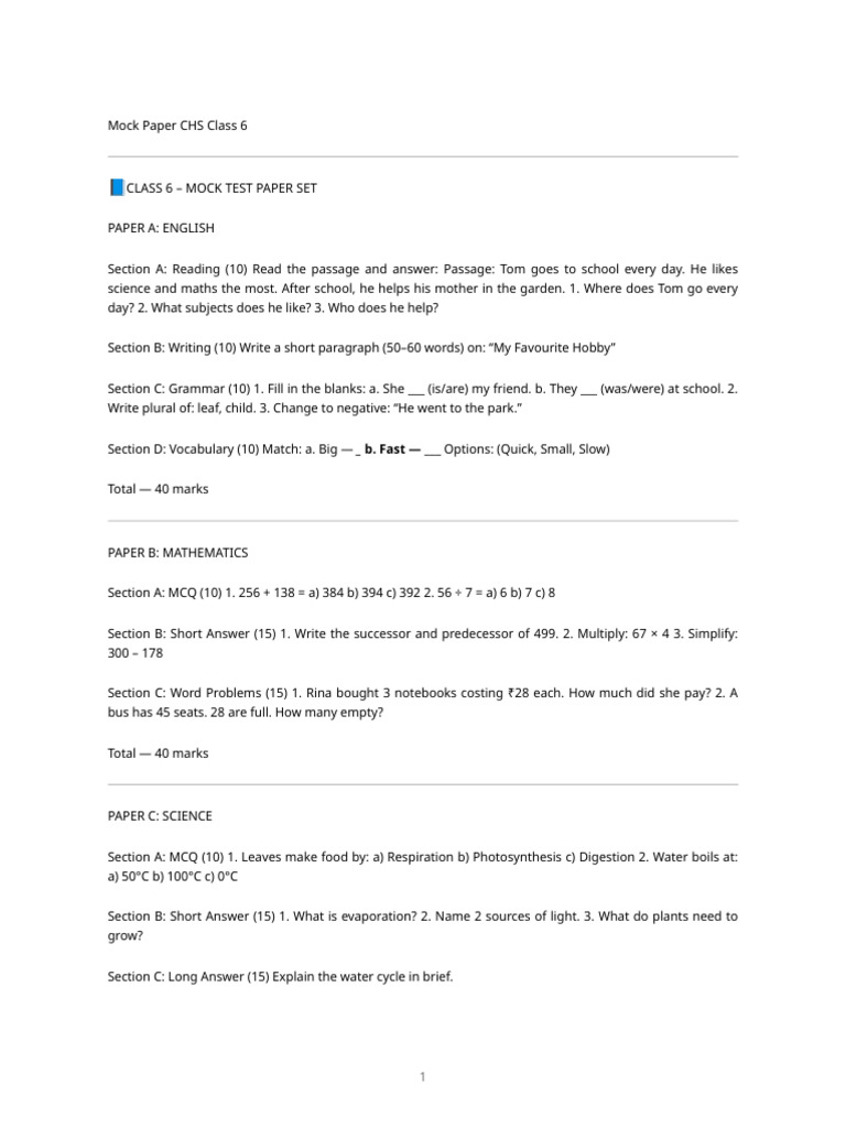 Class6 Chs Mock Paper | PDF | Earth | Water