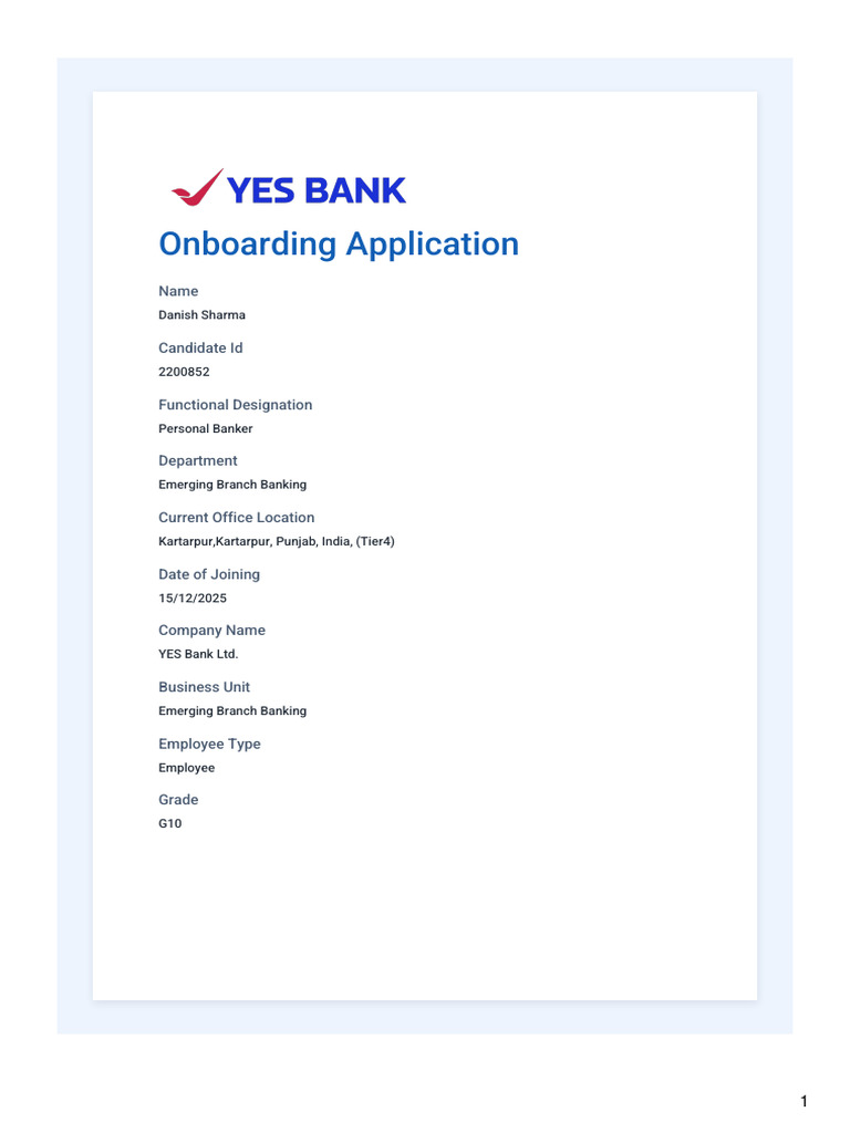 YES Bank Onboarding Application Form | PDF