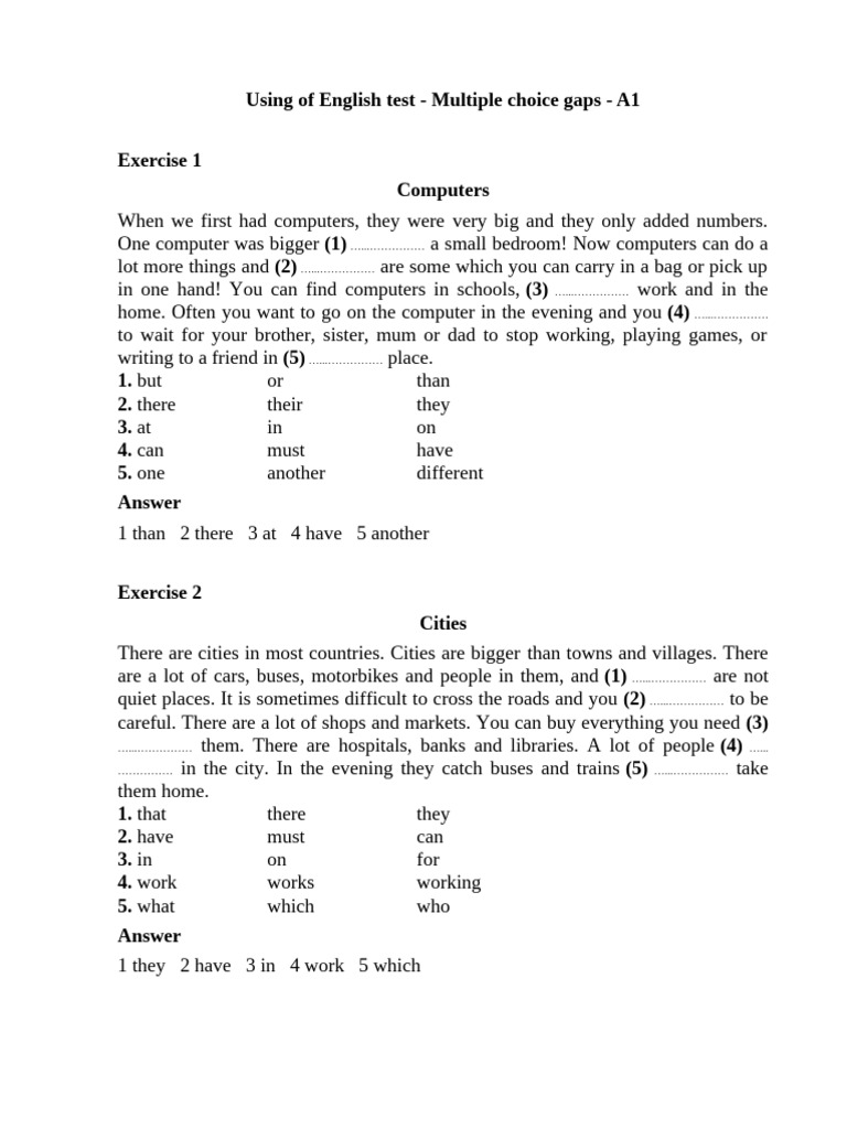 De Using of English Test - Multiple Choice Gaps - A1 - Cambridge - 05 | PDF