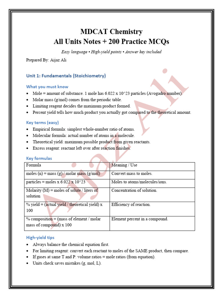 MDCAT Chemistry All Units Notes 200MCQs | PDF | Reaction Rate ...