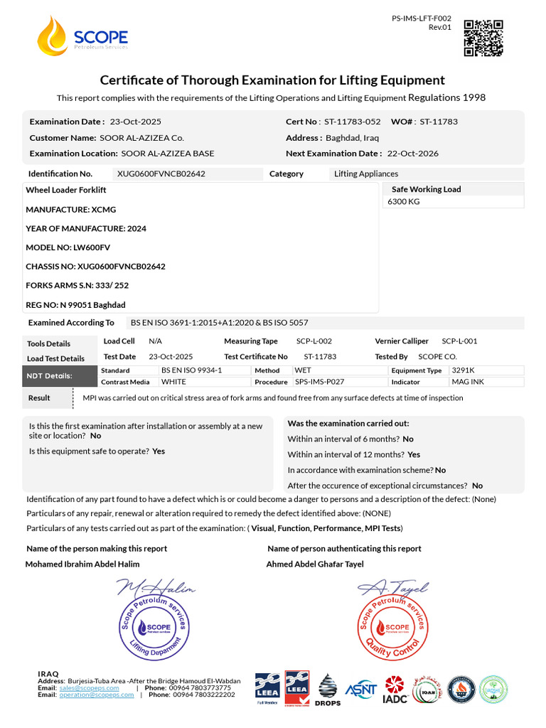 Lifting Equipment Examination Certificate | PDF | Manufactured Goods ...