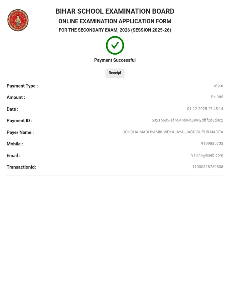 Payment Receipt for Bihar Exam Application | PDF