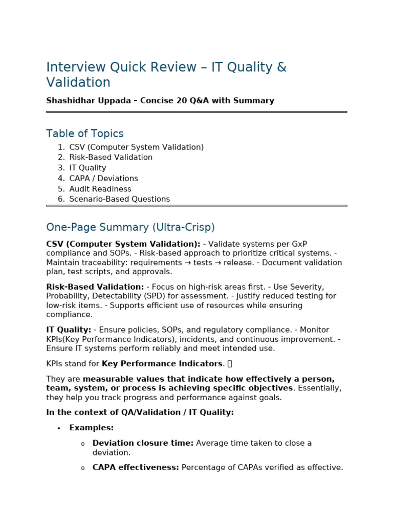 IT Quality & Validation Interview Guide | PDF | Regulatory Compliance ...