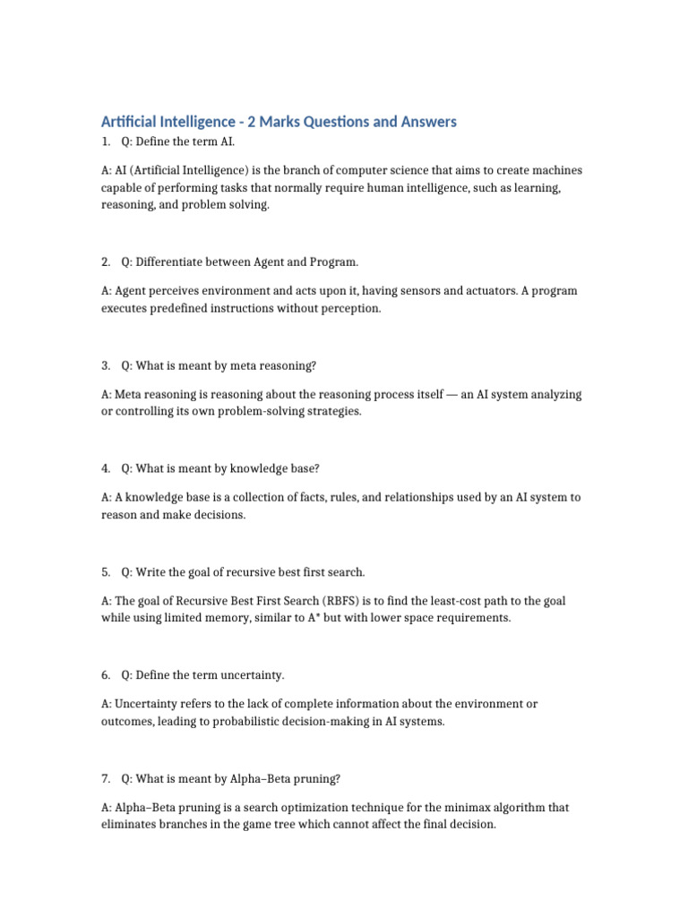AI 2 Marks Q&A for Quick Revision | PDF | Artificial Intelligence ...