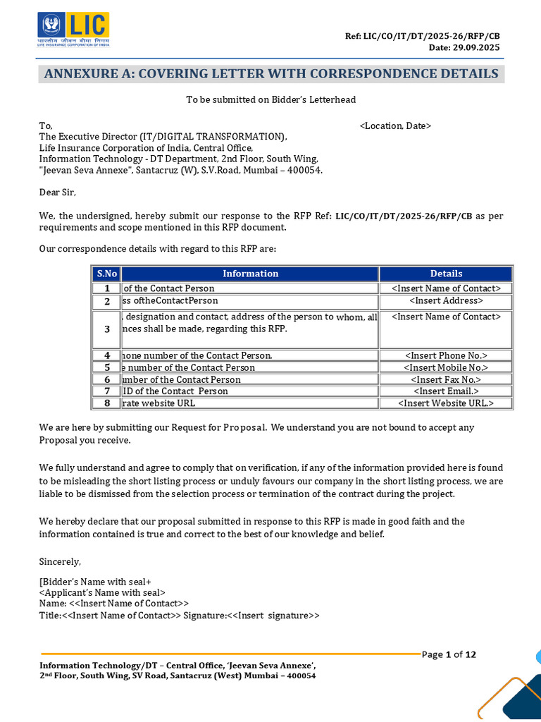 LIC IT RFP 2025-26 Submission Guidelines | PDF | Mobile App | Computing