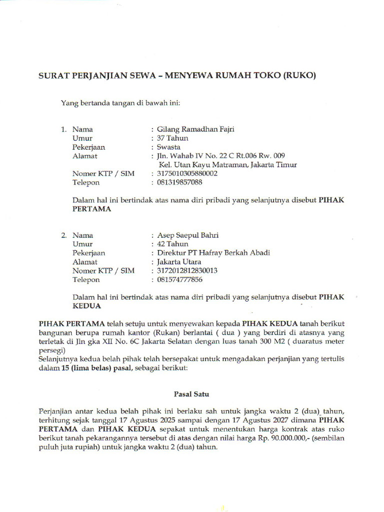 Surat Pernajian Sewa - Menyewa Rumah Toko (Ruko) | PDF