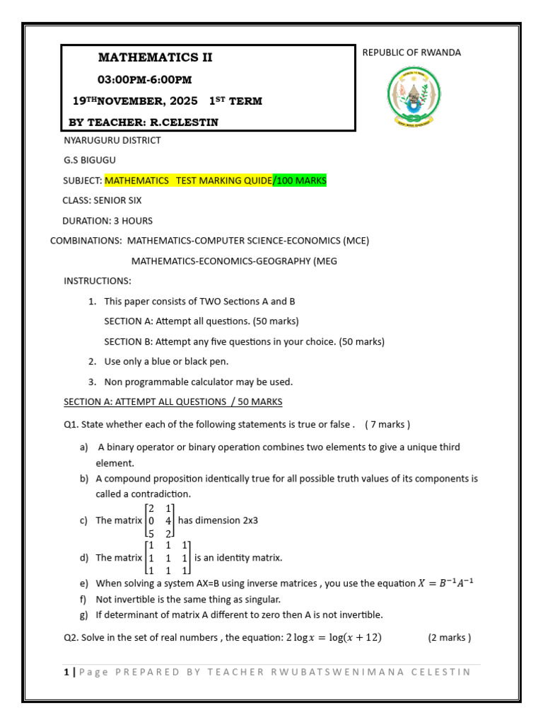 Senior Six Mathematics Test Guide | PDF | Matrix (Mathematics ...