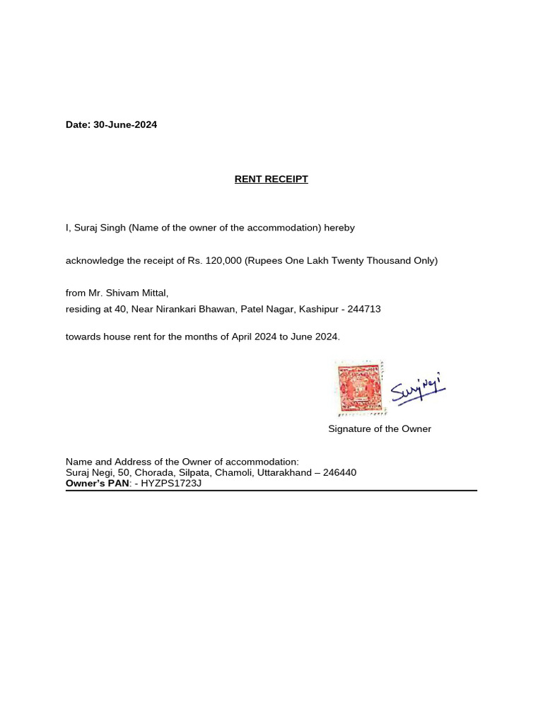 Rent Receipt for April-June 2024 | PDF