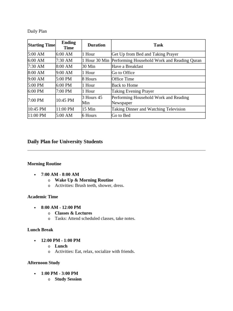 Daily Routine Plan for Students | PDF