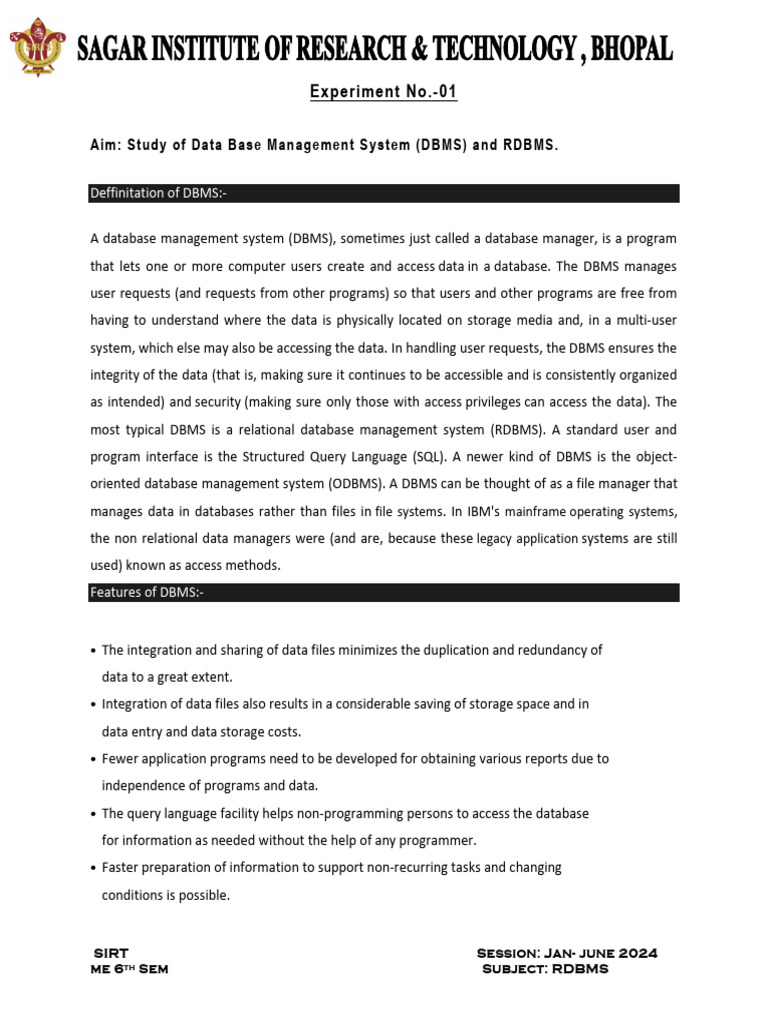 RDBMS and SQL Overview for 6th Sem | PDF | Databases | Relational Database