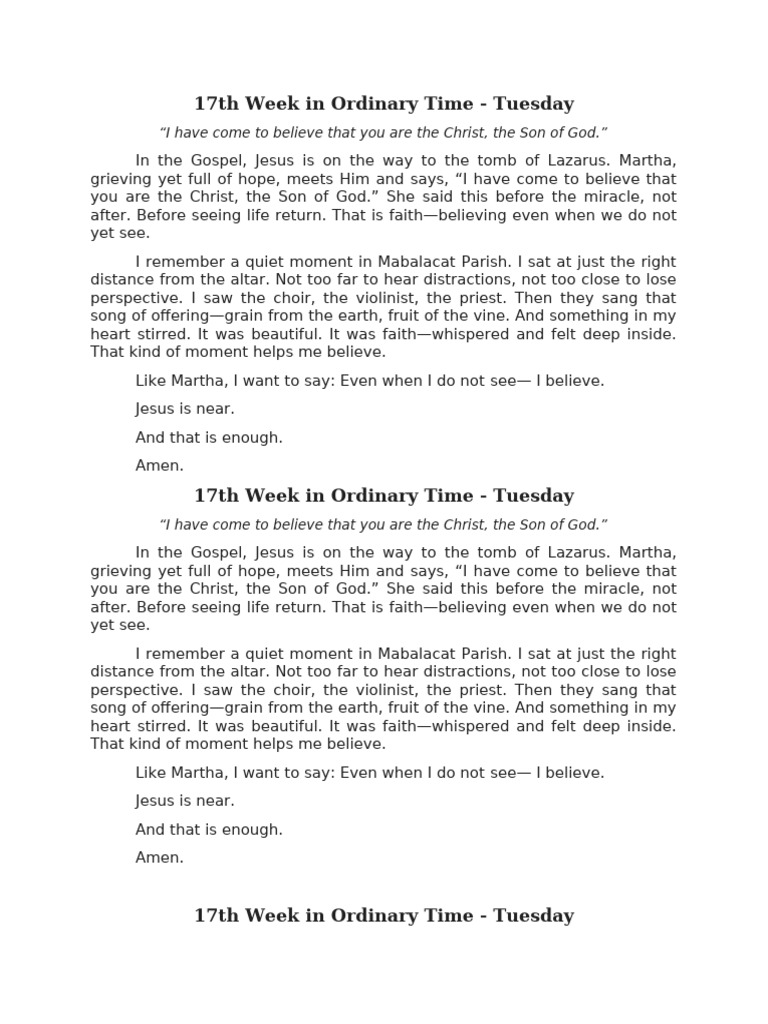 Reflection - 17th Week in Ordinary Time - Tuesday | PDF | Jesus | Faith