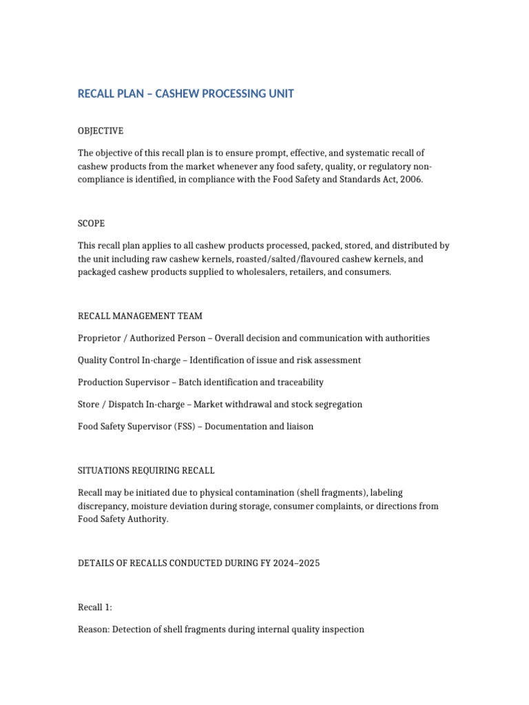 Cashew Product Recall Plan Overview | PDF | Food Safety | Regulatory ...