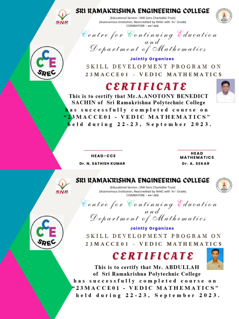 Skill Development Programme on Vedic Mathematics Certificate | PDF