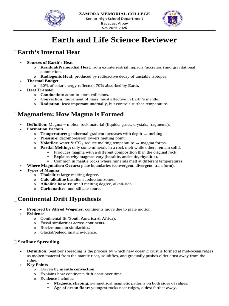 Earth and Life Science Reviewer 2025-2026 | PDF | Plate Tectonics | Magma