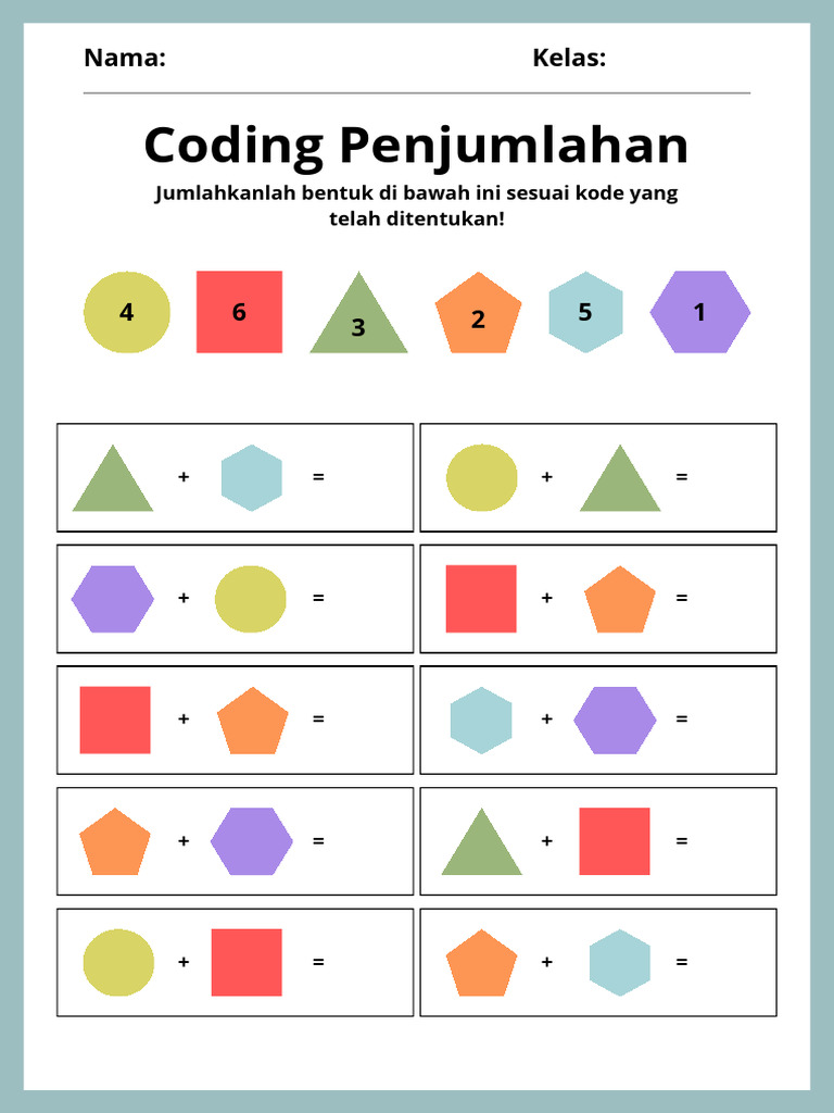 Lembar Kerja Coding Penjumlahan Dalam Gaya Ilustrasi Sederhana Biru | PDF