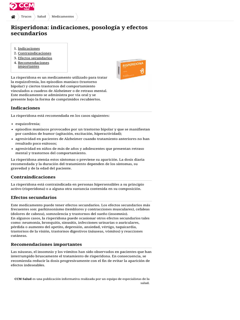 Risperidona - Indicaciones, Posología y Efectos Secundarios - CCM Salud ...