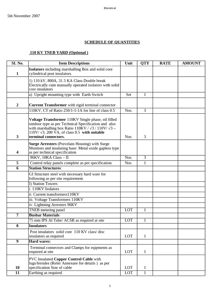 110 KV Electrical Equipment Schedule | PDF | Relay | Transformer