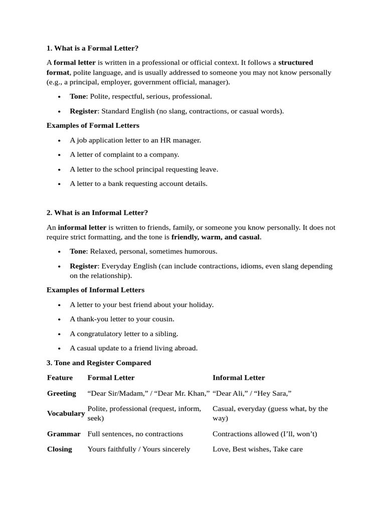 Formal vs Informal Letters Guide | PDF | Linguistics