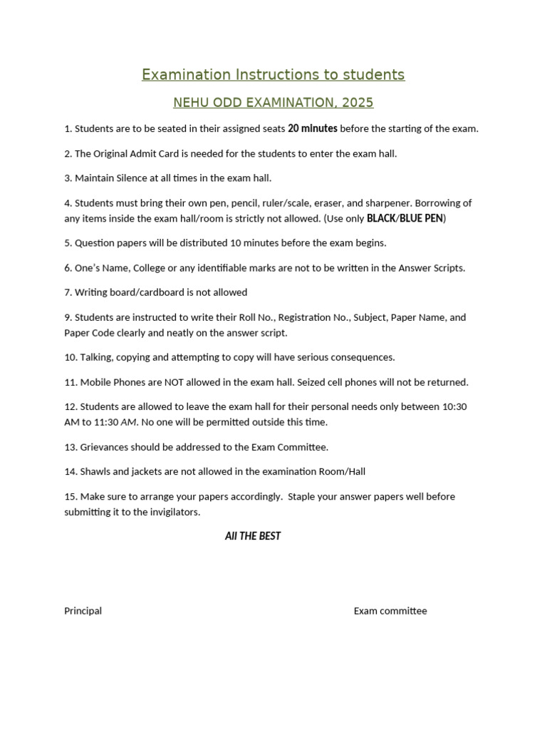 NEHU 2025 Exam Instructions for Students | PDF