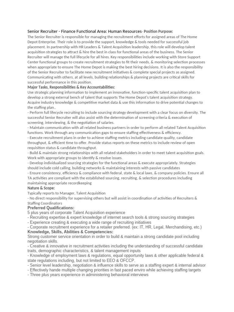 Senior Recruiter Role at Home Depot | PDF | Recruitment | Business